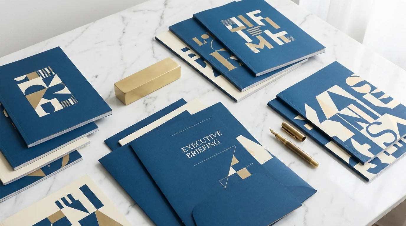 The HE Sector Magazine | The HE Sector Blue and white branded documents are displayed on a marble surface, part of an executive briefing.