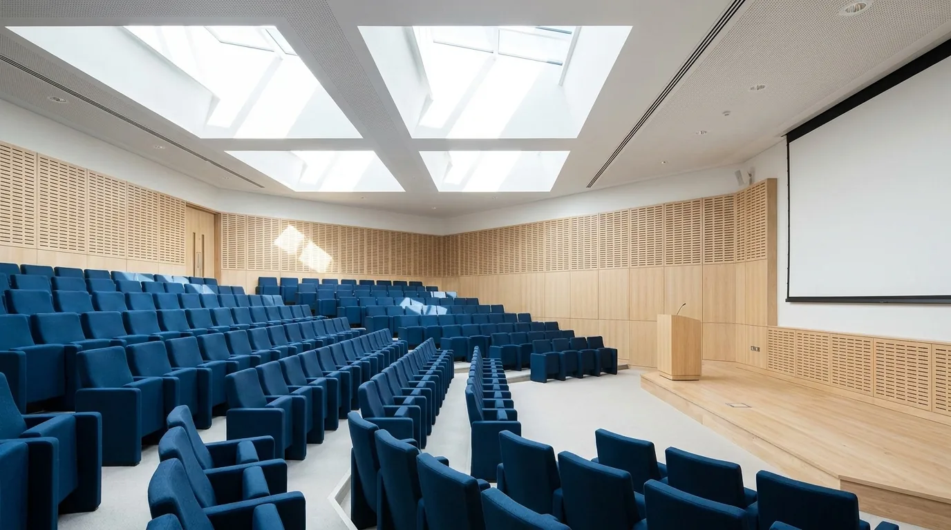 A bright empty university auditorium with scholar-blue seats under skylights