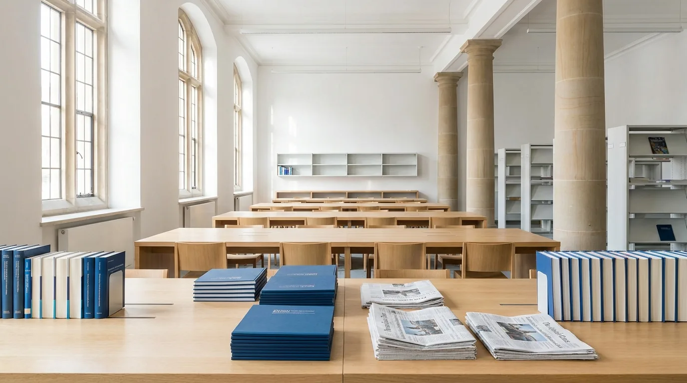 A bright university reading room with long oak tables and stacked scholar-blue journals