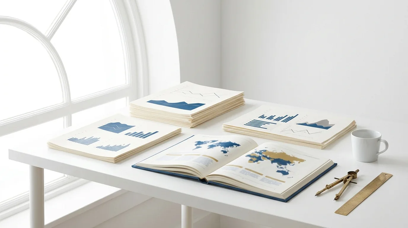 Printed charts in scholar-blue ink with a brass compass on a bright desk